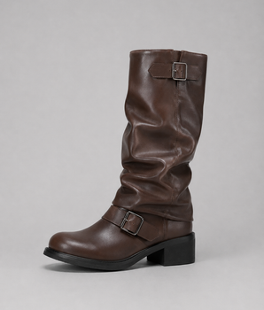 Women’s Knee-High Biker Boots – Buckle Detail Low Heel Boots