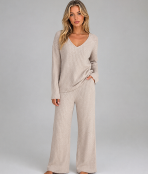 Women's Ribbed Knit Lounge Set – Soft V-Neck Jumper & Wide Leg Trousers Co-Ord