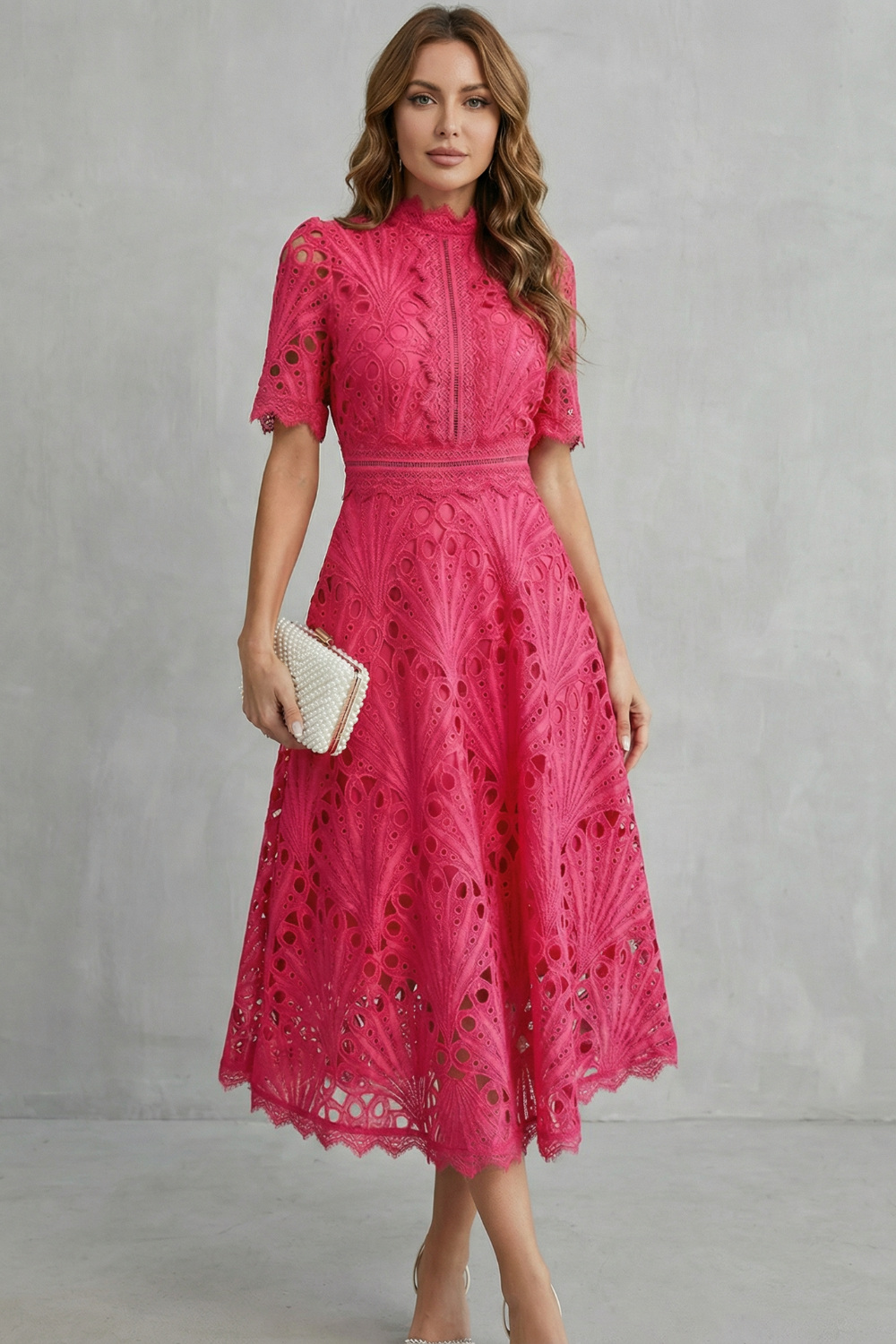 Charlisse – Ornate lace refinement – High-neck midi dress