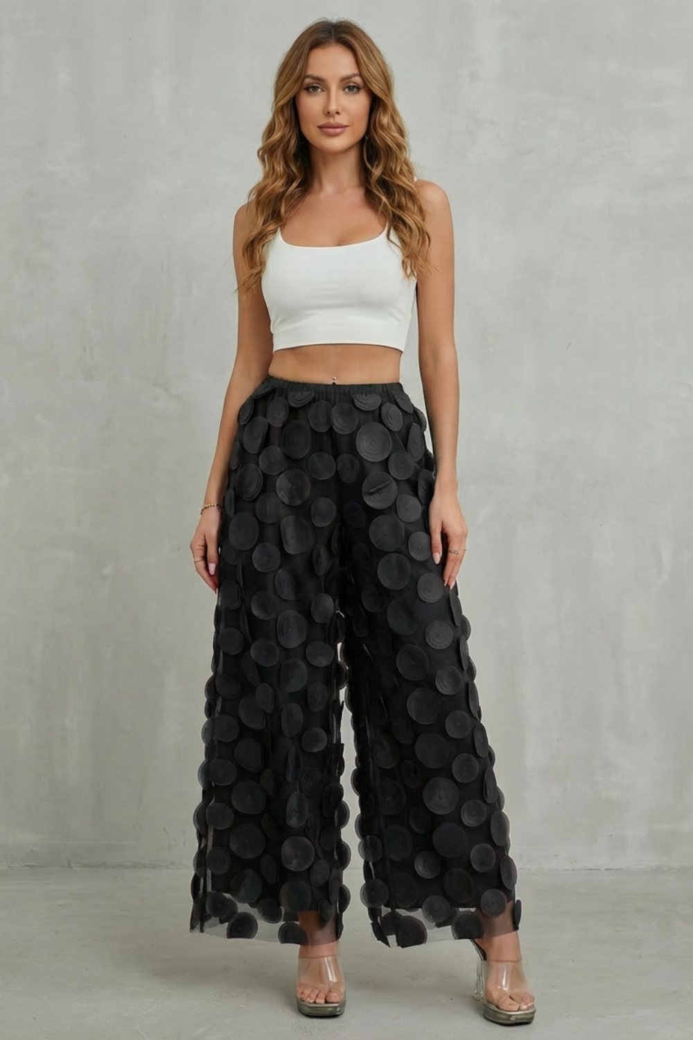 Bellaria – 3D circle appliqué – Wide-leg trousers