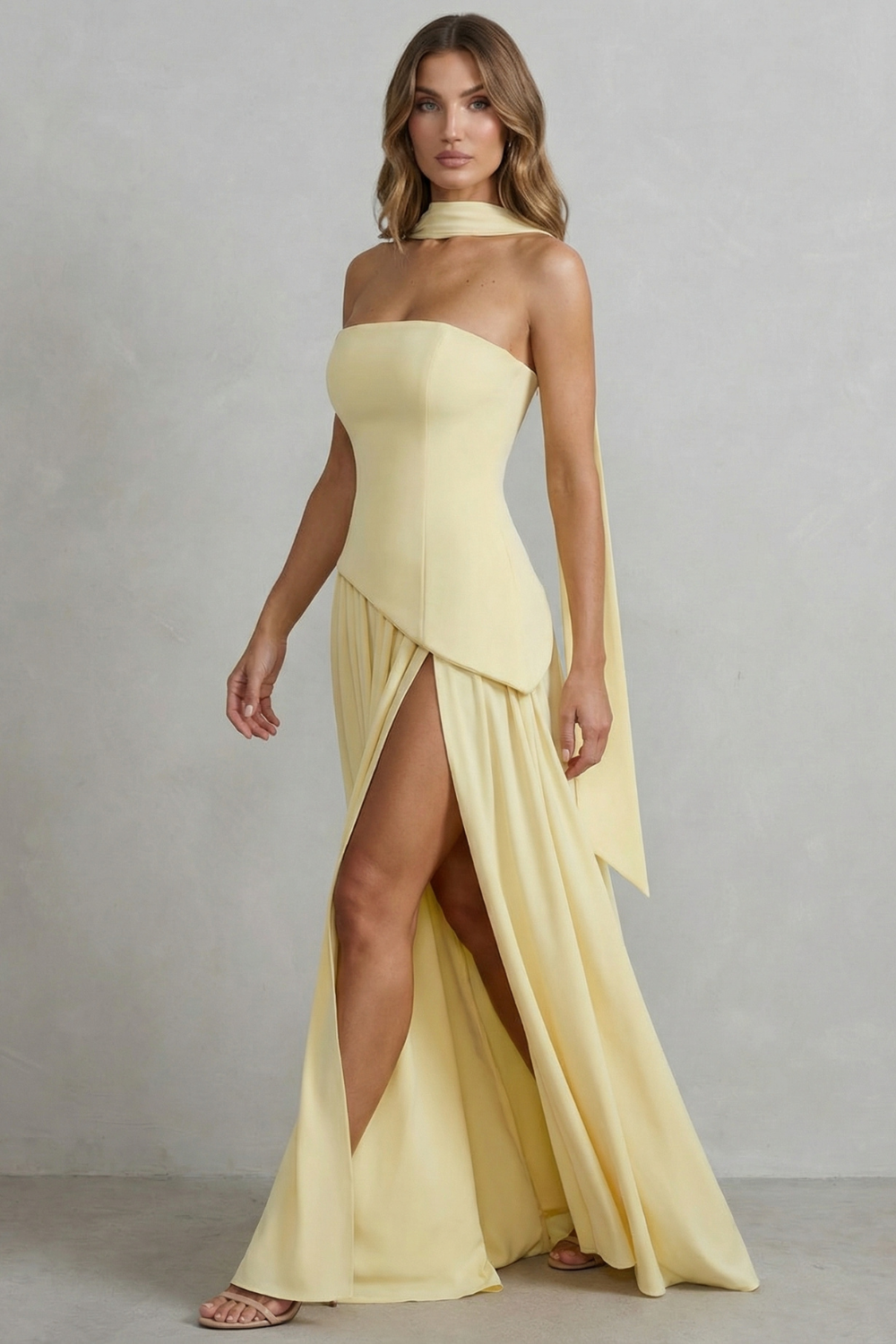 Celestara – Sculpted draped slit – Strapless maxi dress