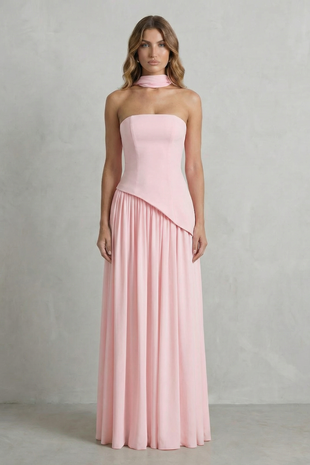 Celestara – Sculpted draped slit – Strapless maxi dress