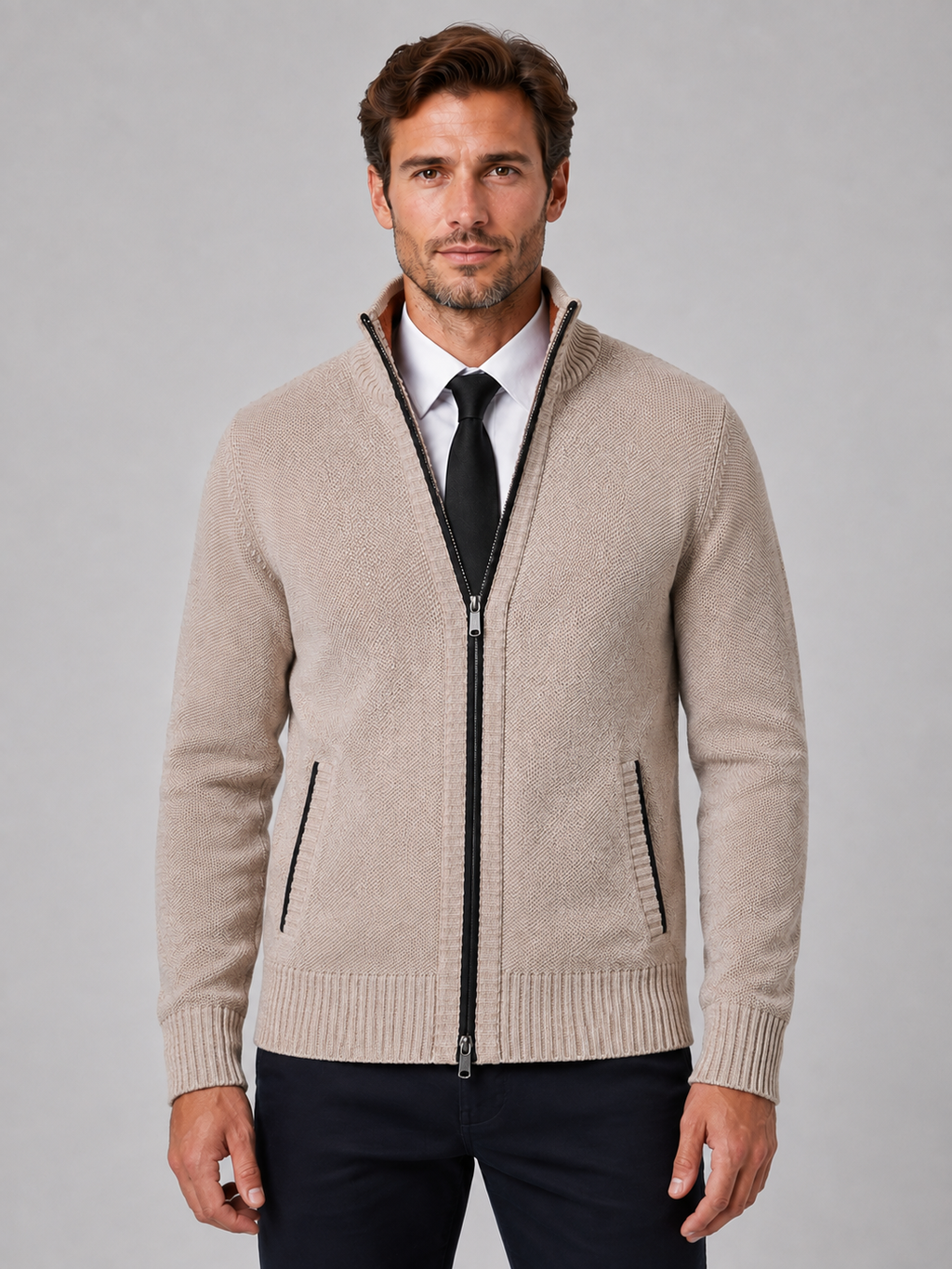 Men's Full Zip Knit Cardigan – Funnel Neck Textured Jumper