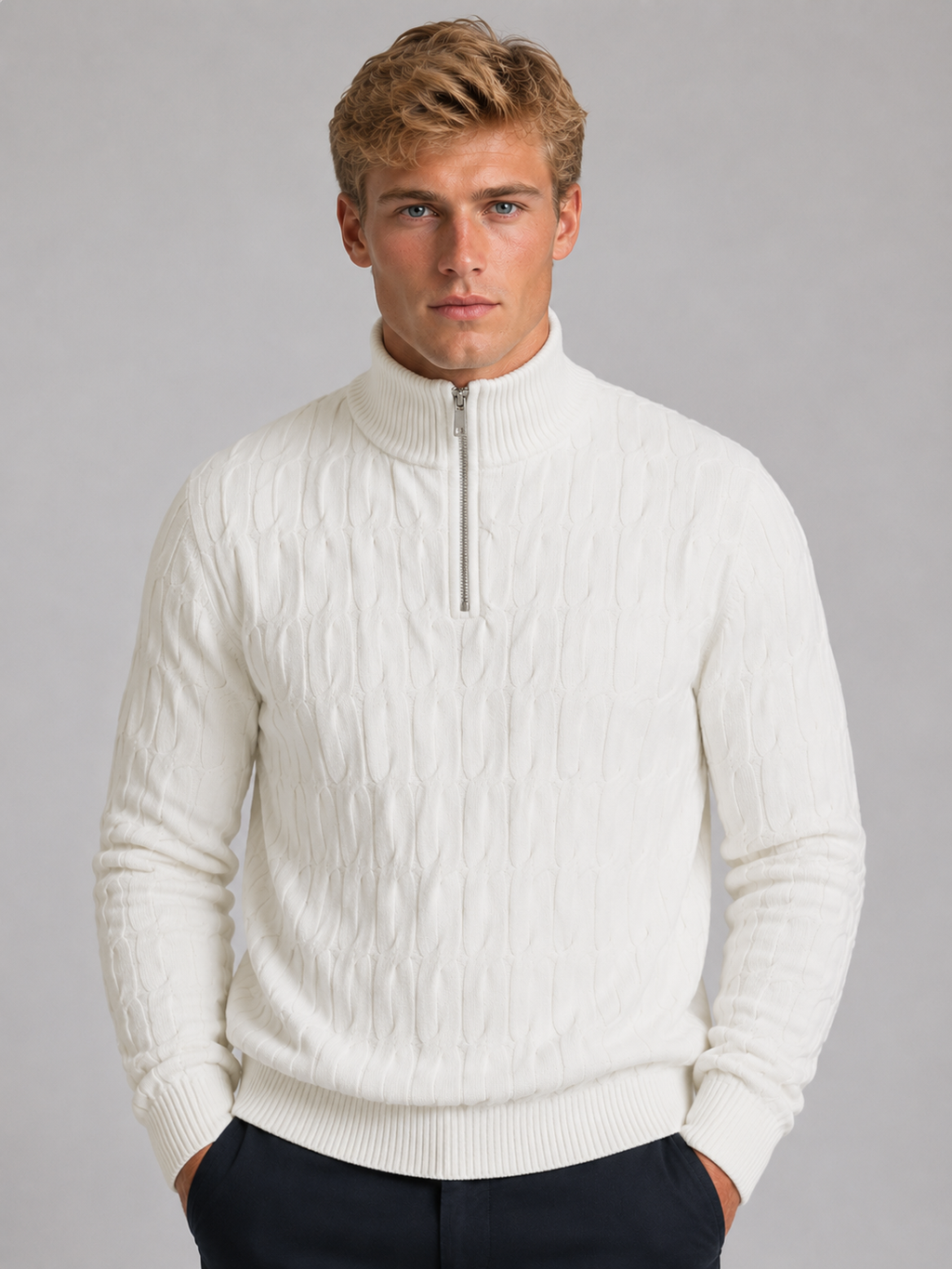 Men's Textured Quarter Zip Jumper – Funnel Neck Knit Sweater