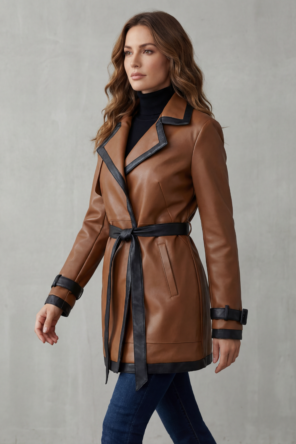 Mirella – Contrast trim wrap – Belted faux leather trench coat