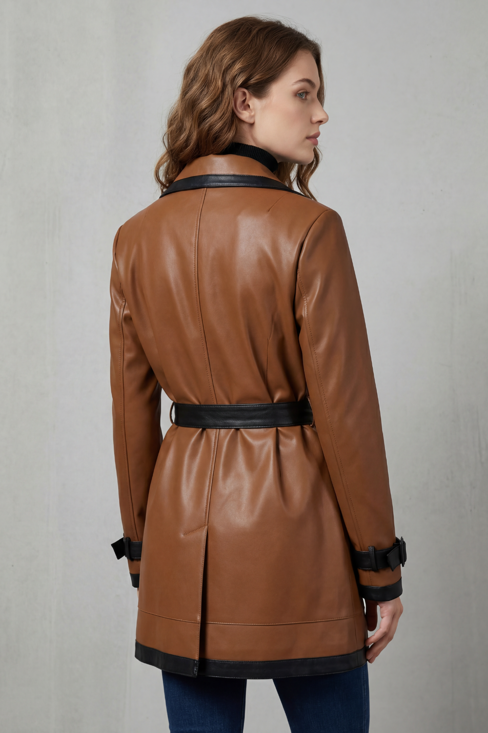Mirella – Contrast trim wrap – Belted faux leather trench coat