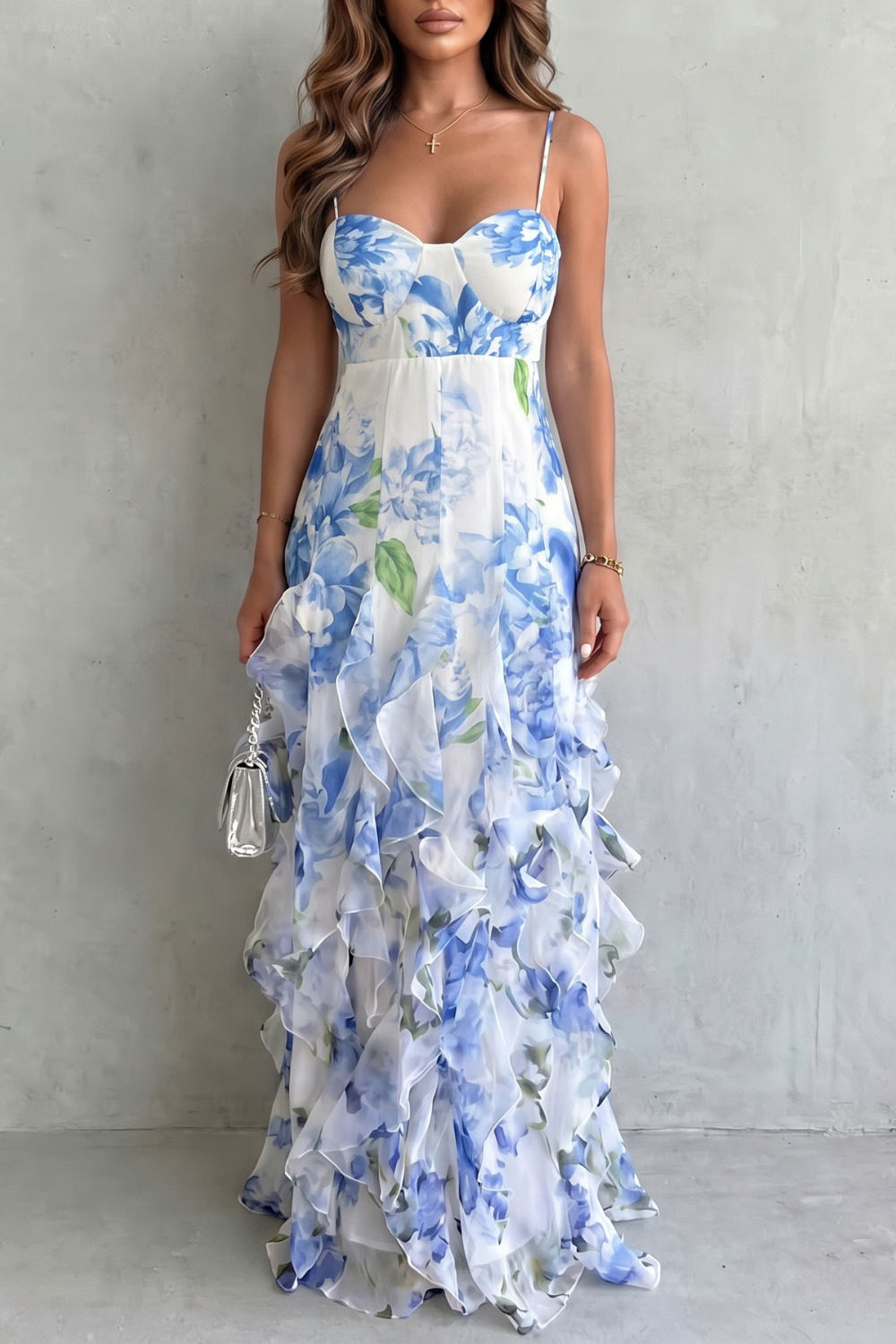 Sestina – Sheer floral cascade – Ruffled evening maxi dress
