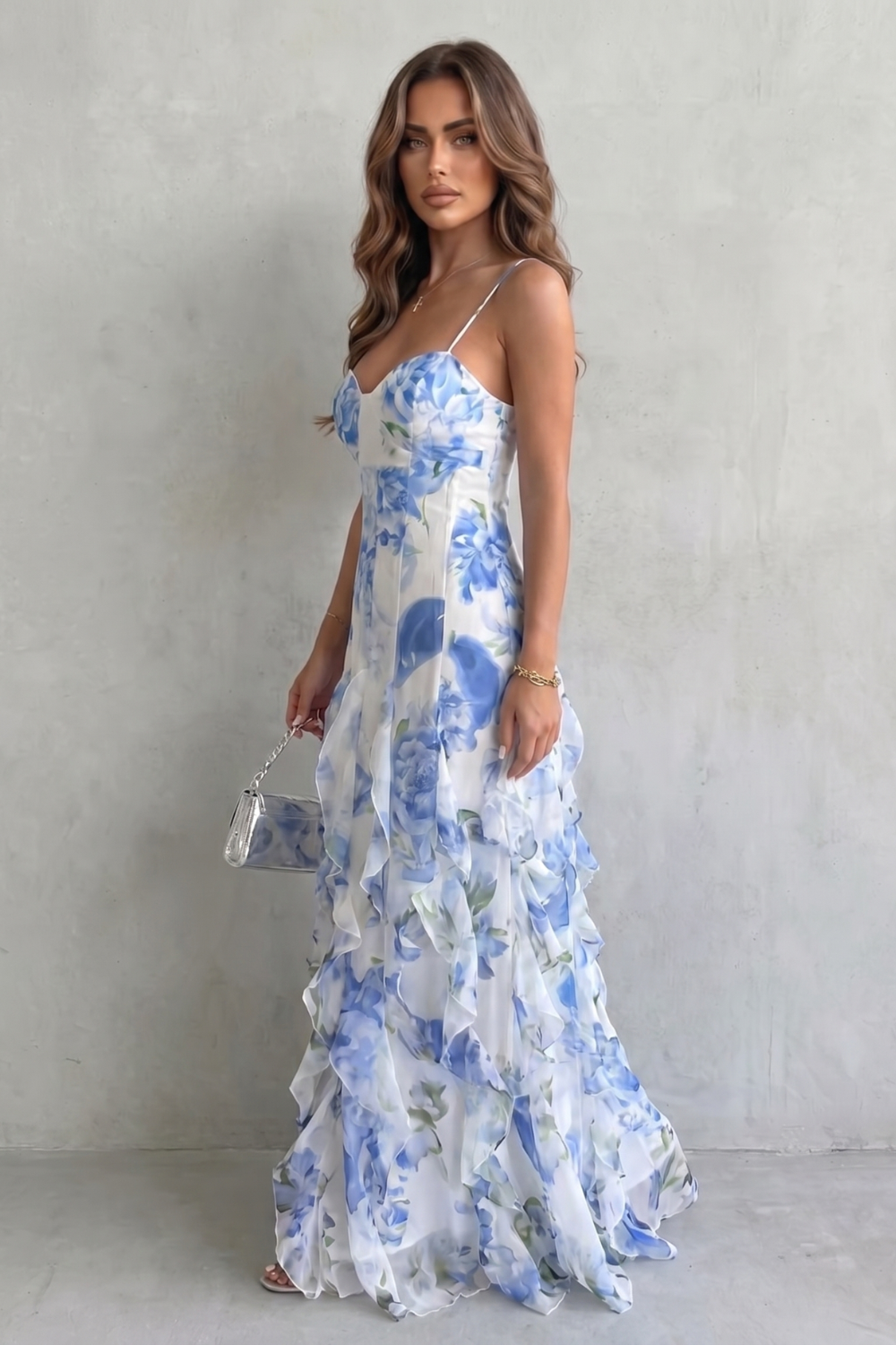 Sestina – Sheer floral cascade – Ruffled evening maxi dress