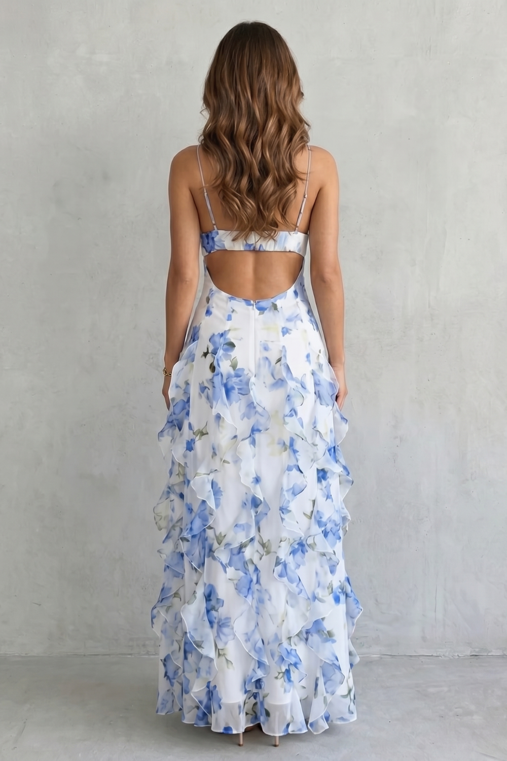 Sestina – Sheer floral cascade – Ruffled evening maxi dress