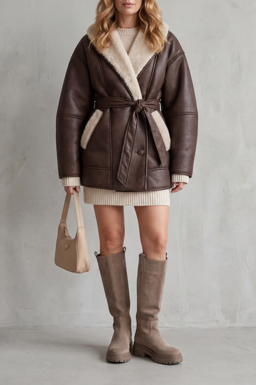 Sorelline – Contrast fleece wrap – Belted faux leather coat