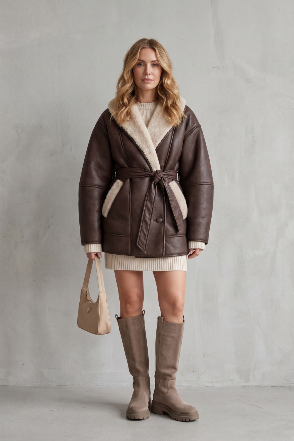 Sorelline – Contrast fleece wrap – Belted faux leather coat