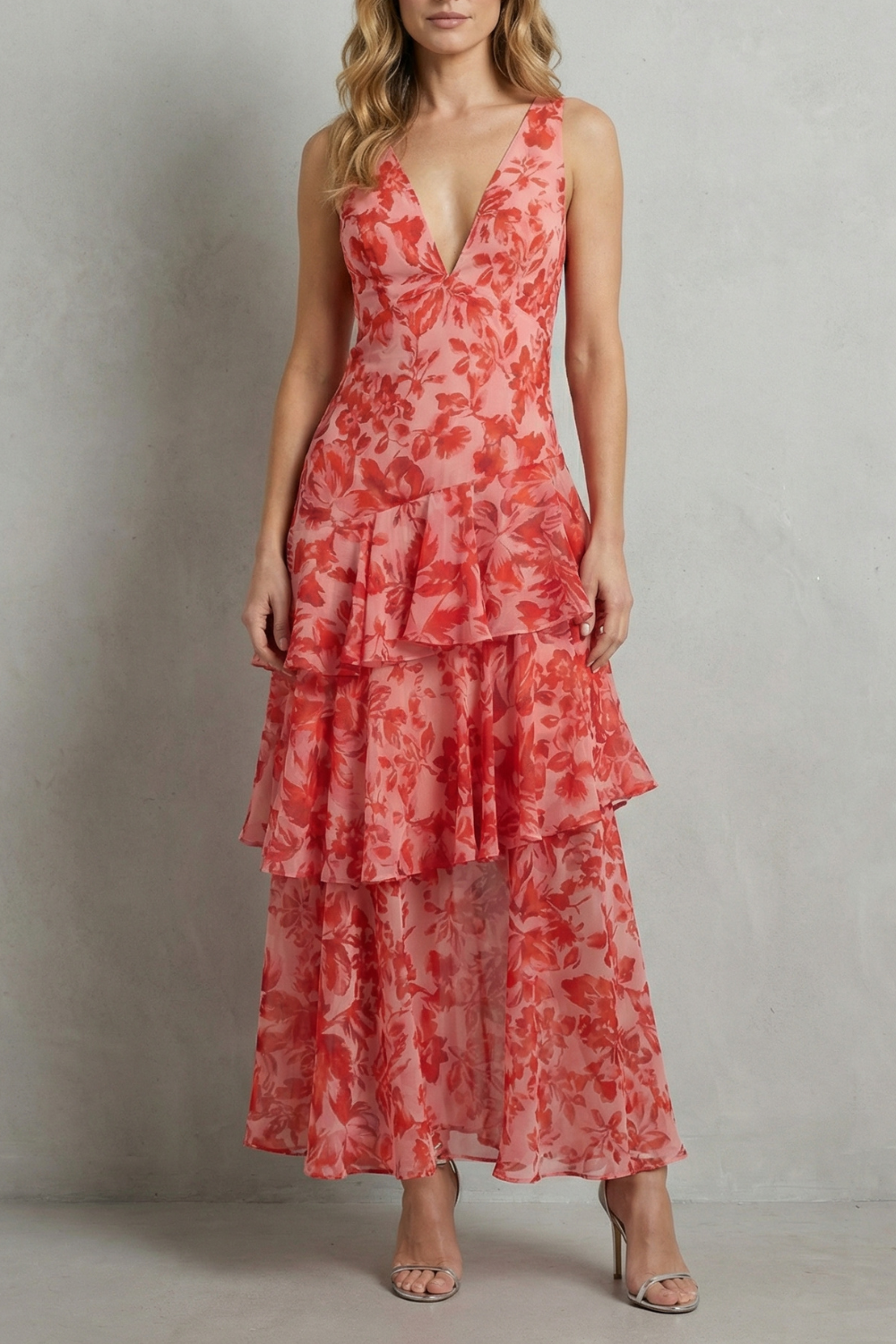 Virella – Crimson blossom layers – Tiered chiffon maxi dress