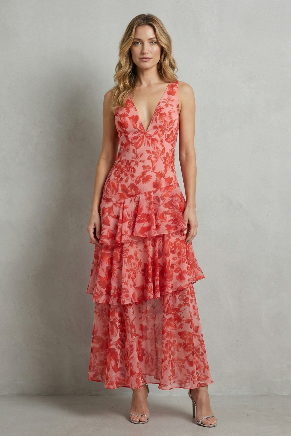 Virella – Crimson blossom layers – Tiered chiffon maxi dress