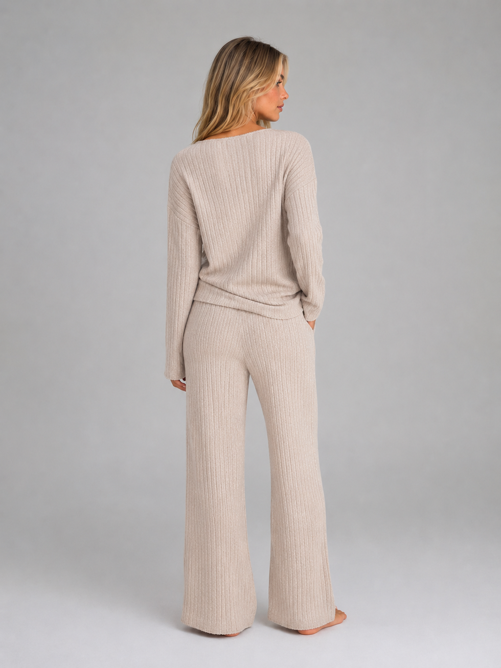 Women's Ribbed Knit Lounge Set – Soft V-Neck Jumper & Wide Leg Trousers Co-Ord