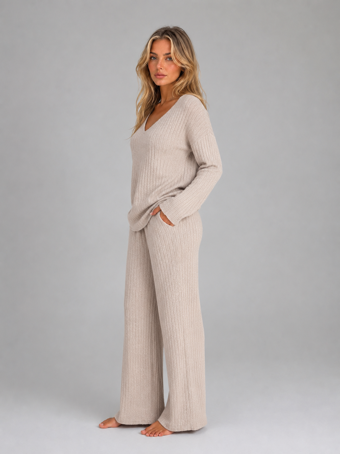 Women's Ribbed Knit Lounge Set – Soft V-Neck Jumper & Wide Leg Trousers Co-Ord